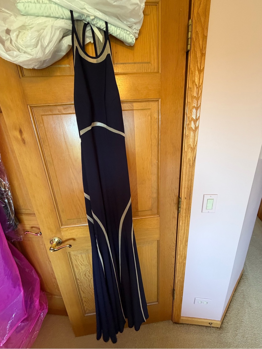Xscape Black Maxi Navy Dress with Cream Accents - Racerback